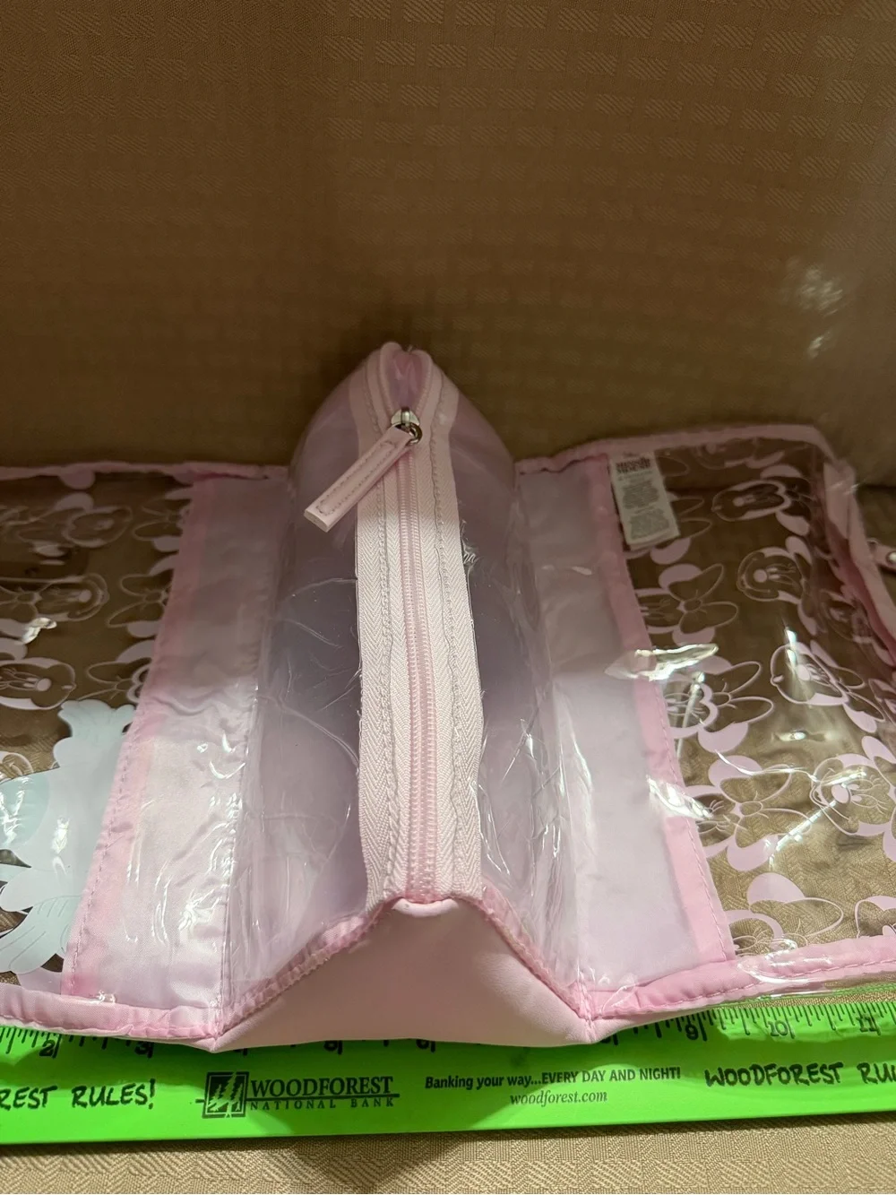 Disney Minnie Mouse Pink Clear Makeup Pouch. “J” monogram on front